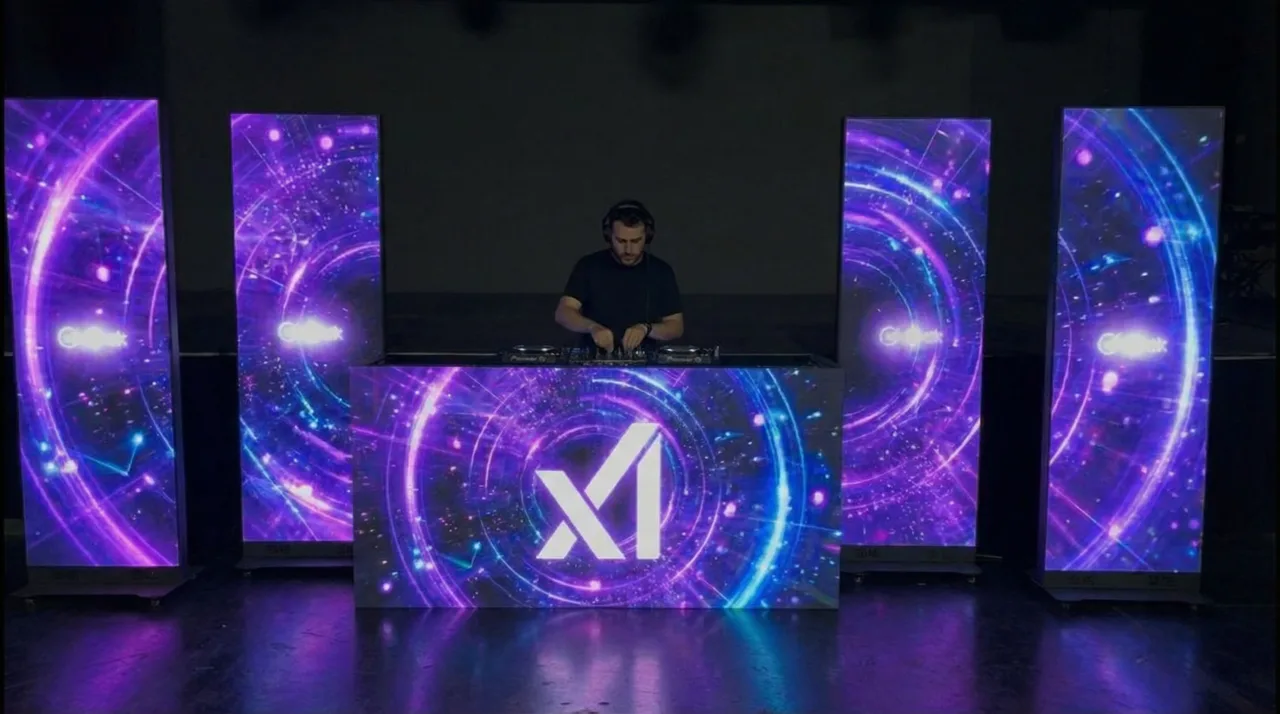 LED DJ Booth with freestanding LED video poster displays Las Vegas