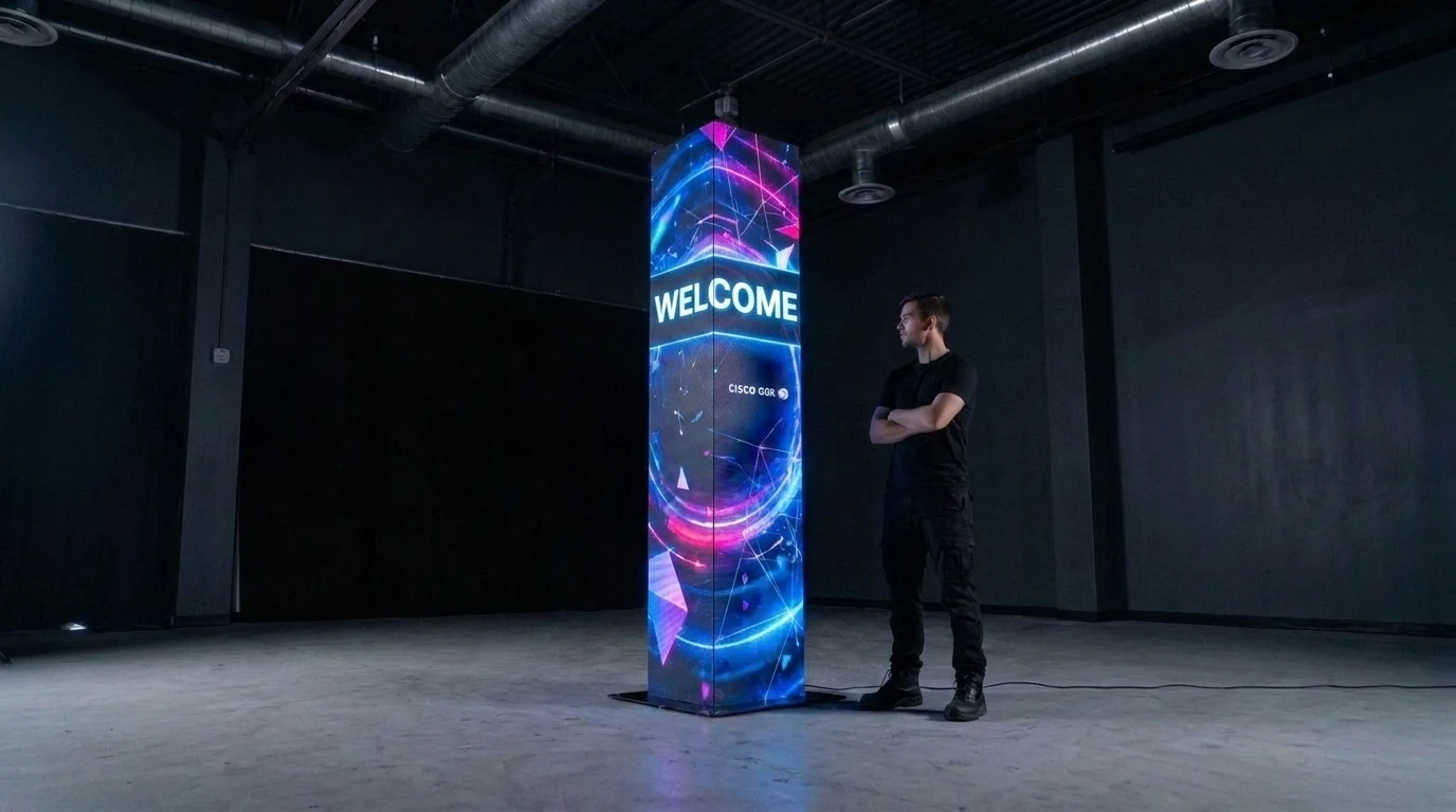 9ft 360-degree LED column with a person for height comparison