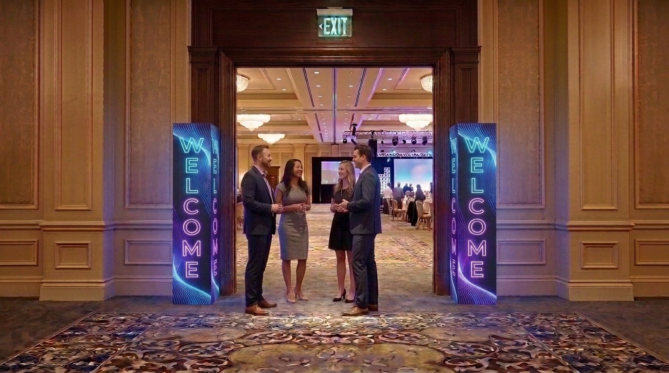 7ft LED Columns with guests for size reference - Las Vegas