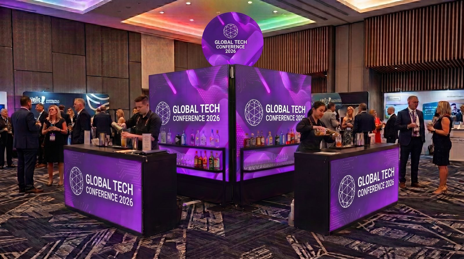 The Sphere Bar — elevated LED sphere above LED video back bars at a Las Vegas event