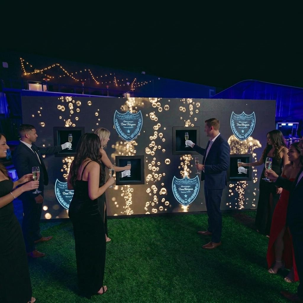 20ft wide LED champagne wall rental with 4 serving windows and Dom Perignon branded content at a luxury event in Las Vegas