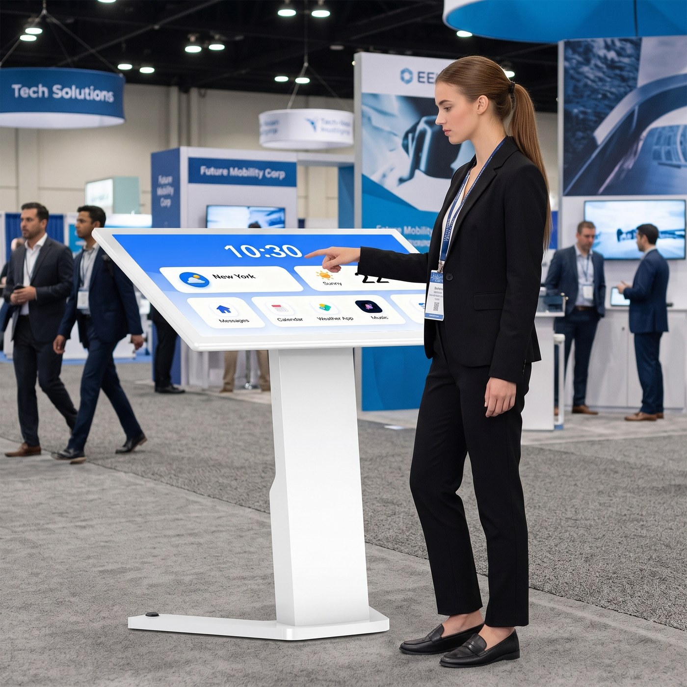 Attendee using a white freestanding touchscreen display at a trade show