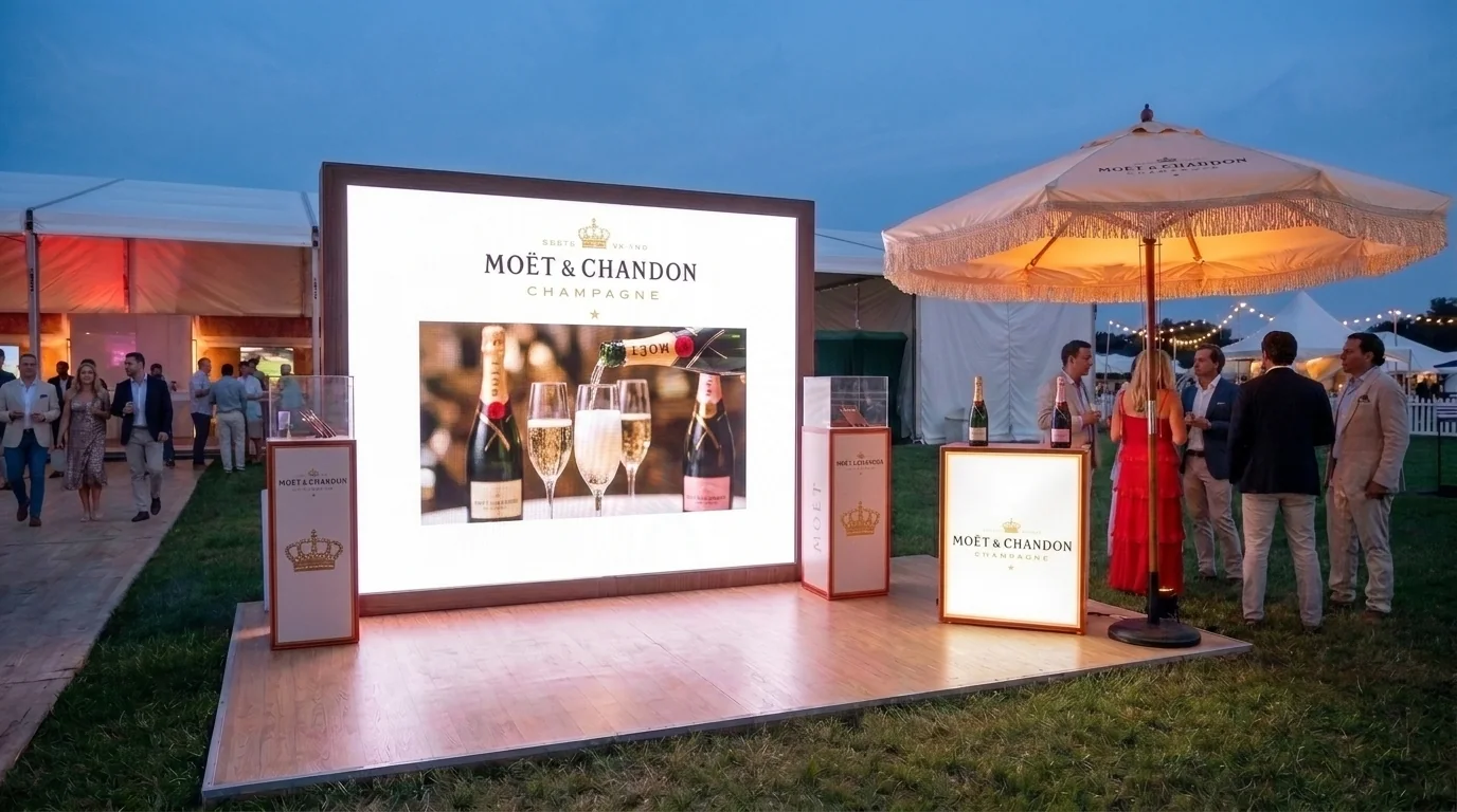 Moët & Chandon champagne trade show booth with LED video wall — premium booth rental at a Las Vegas convention