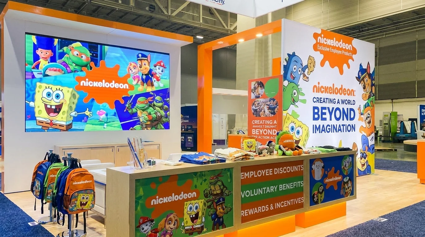 Nickelodeon trade show booth with LED video wall at a Las Vegas convention — custom exhibit booth rental