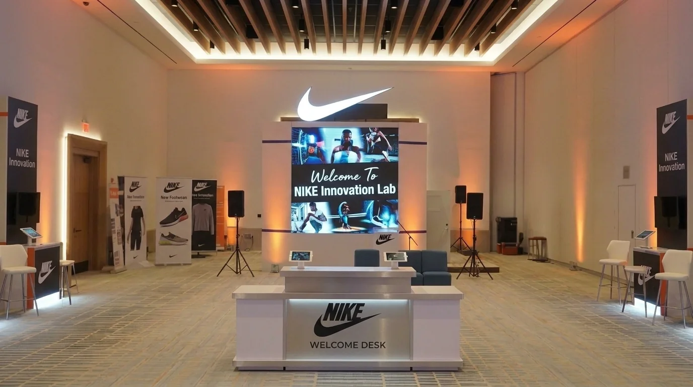 Nike Innovation Lab trade show booth with LED video wall welcome desk — custom booth rental in Las Vegas